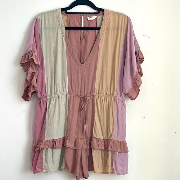 Storia Pants - Storia  textured deep V neck ruffle trimmed striped pastel romper sz S
